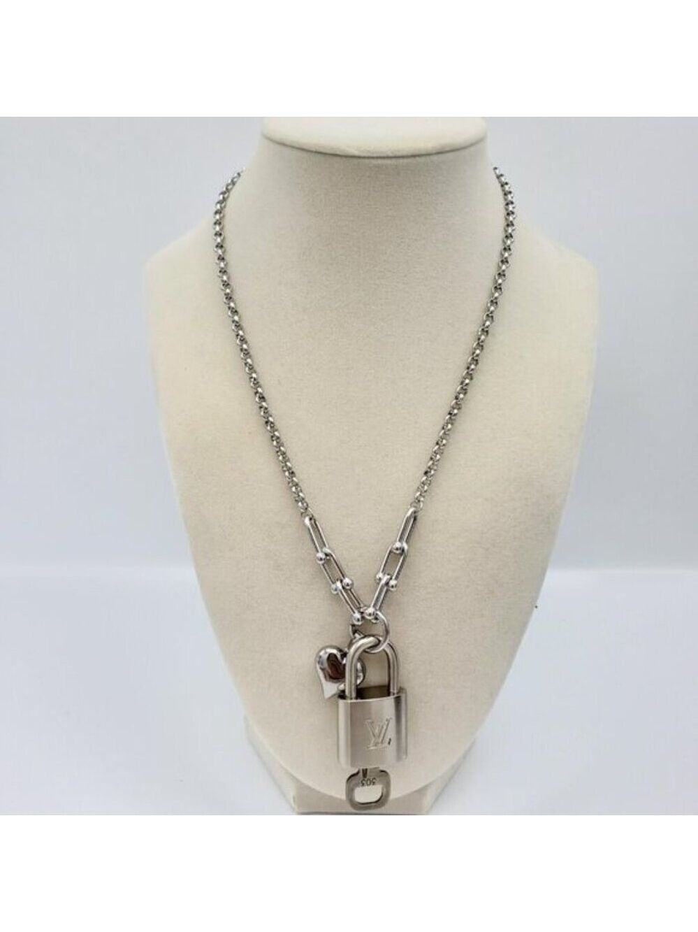 Stainless Steel Silver-Plated Necklace with Authentic Louis Vuitton Padlock - Picture 7 of 12